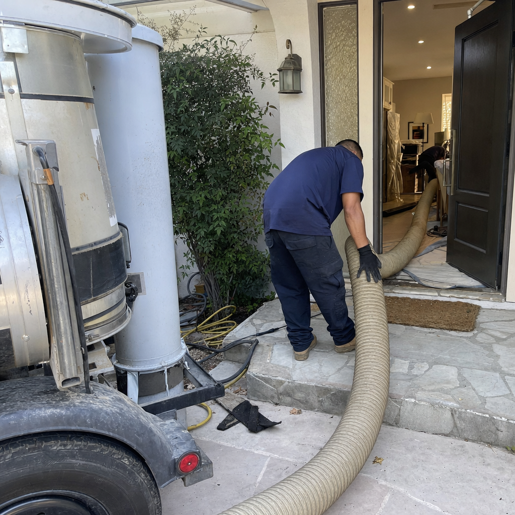 Air duct cleaning professional using vacuum hose at house entrance