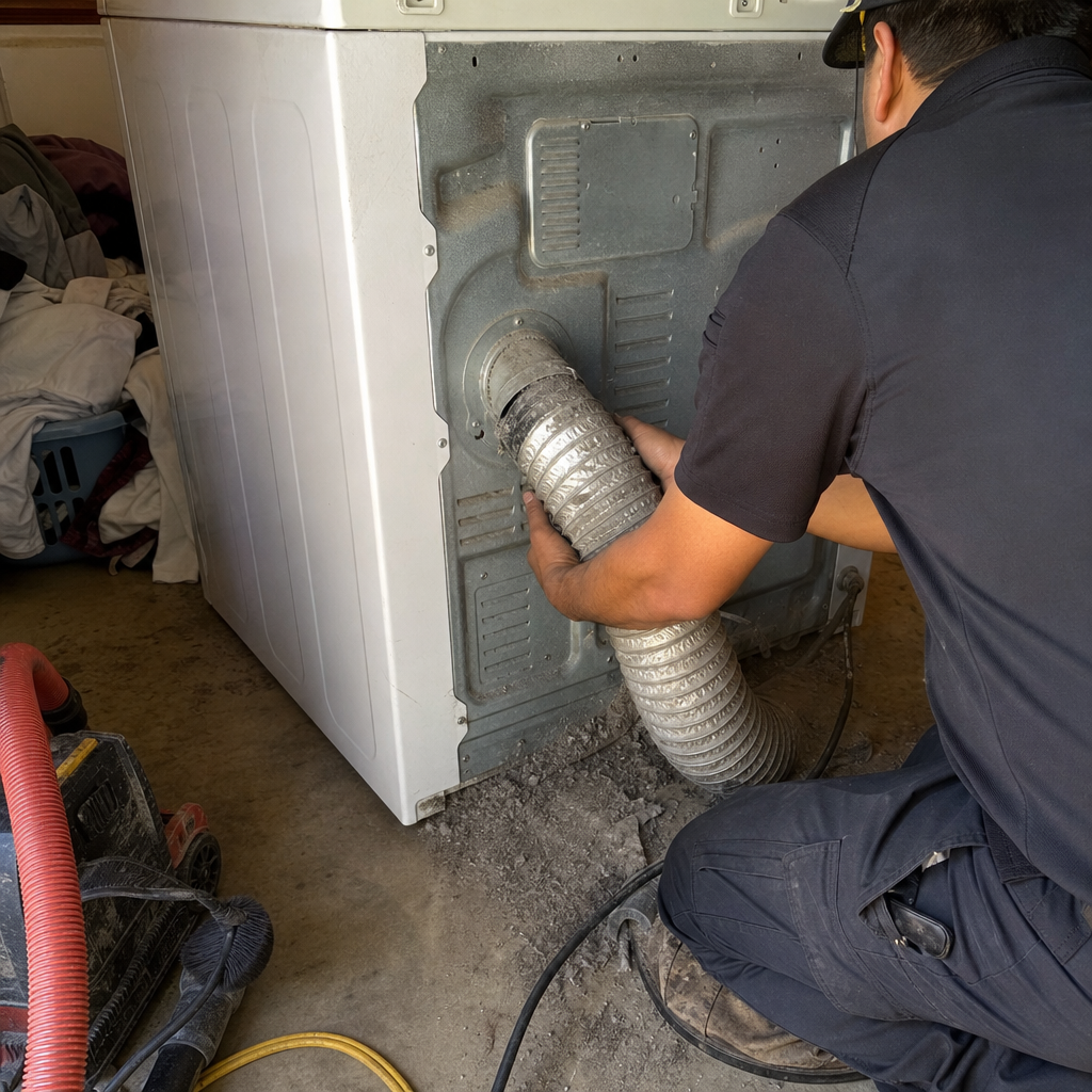 Technician cleaning dryer vent with flexible hose