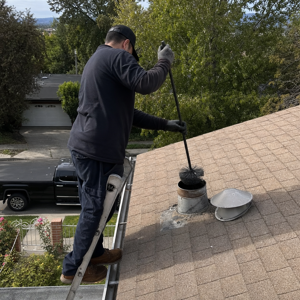 Chimney sweep cleans dryer vent on roof