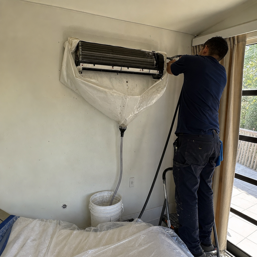 HVAC cleaning professional cleans air conditioner with drain hose and bucket