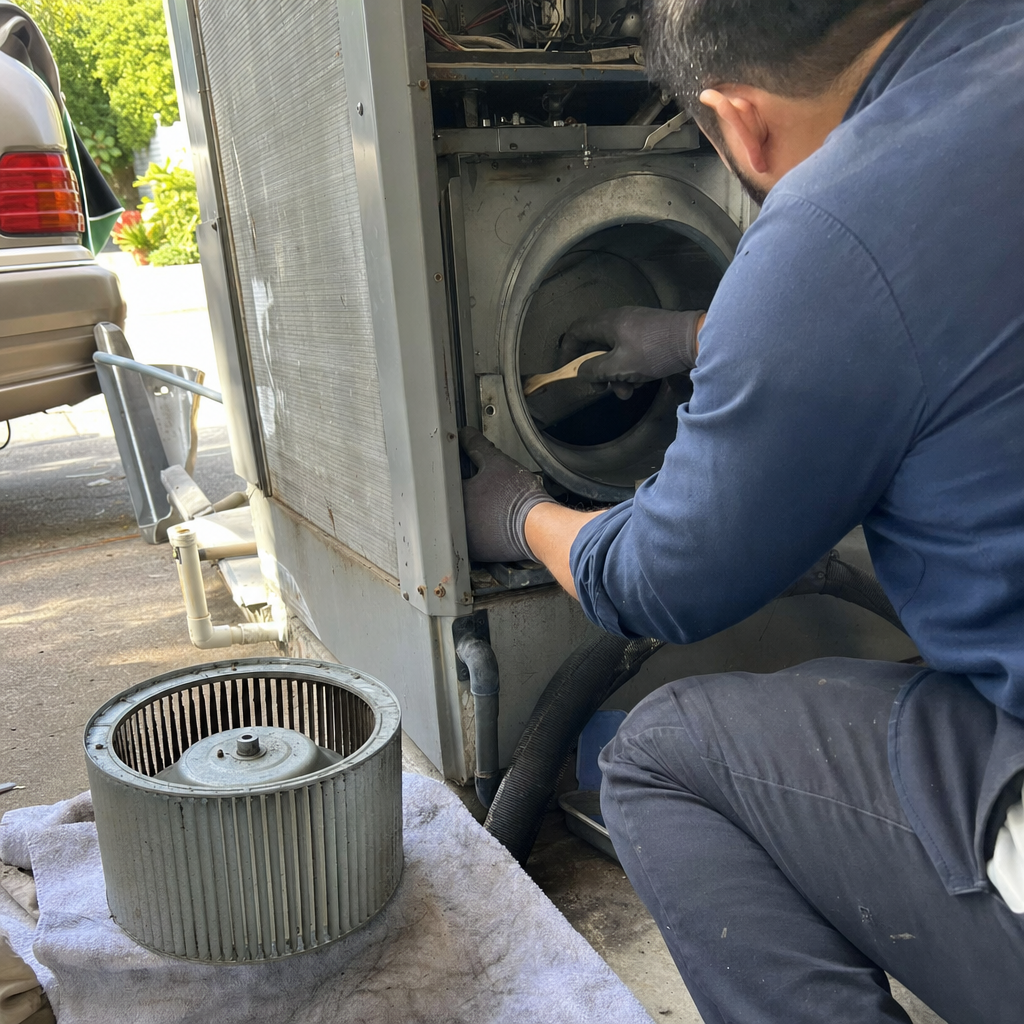 Technician cleaning HVAC blower fan with brush