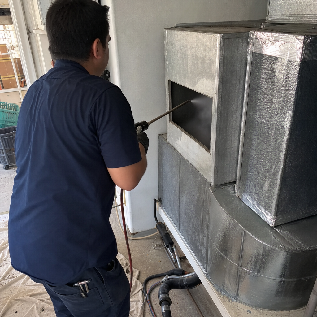 Technician sanitizing air duct for improved air quality and hygiene. in Woodland Hills, CA