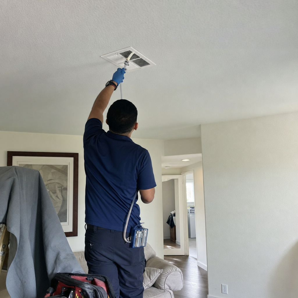 Air duct cleaning technician servicing ceiling vent in Agoura, CA
