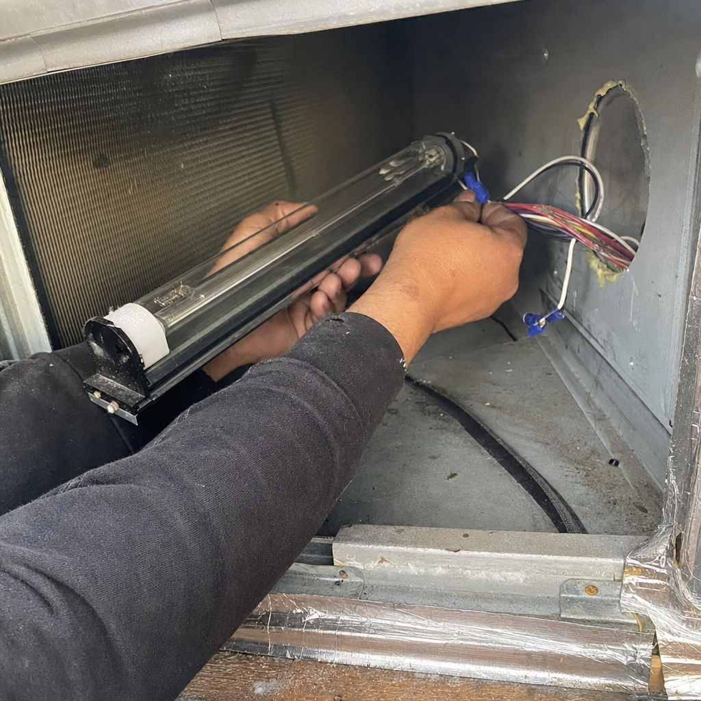 Technician installs UV light for air duct sanitizing in West Hills, CA