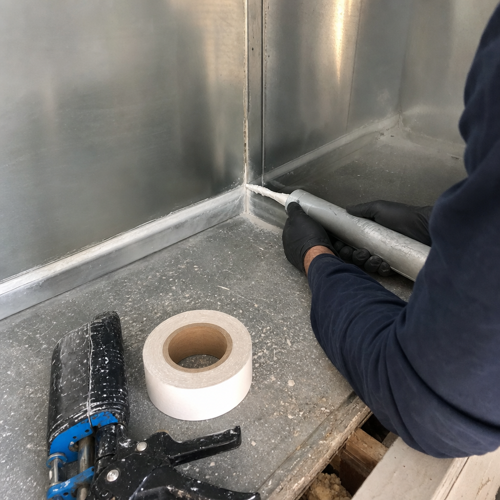 Professional sealing an air duct with a caulk gun and tape. in Woodland Hills, CA